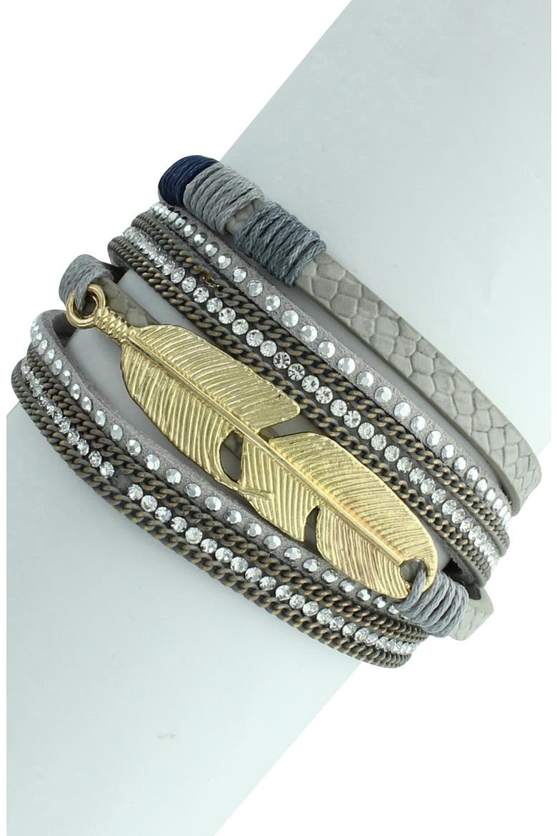 Edisa Feather Detail Faux Leather Stack Bracelet, Main, color, METALLIC