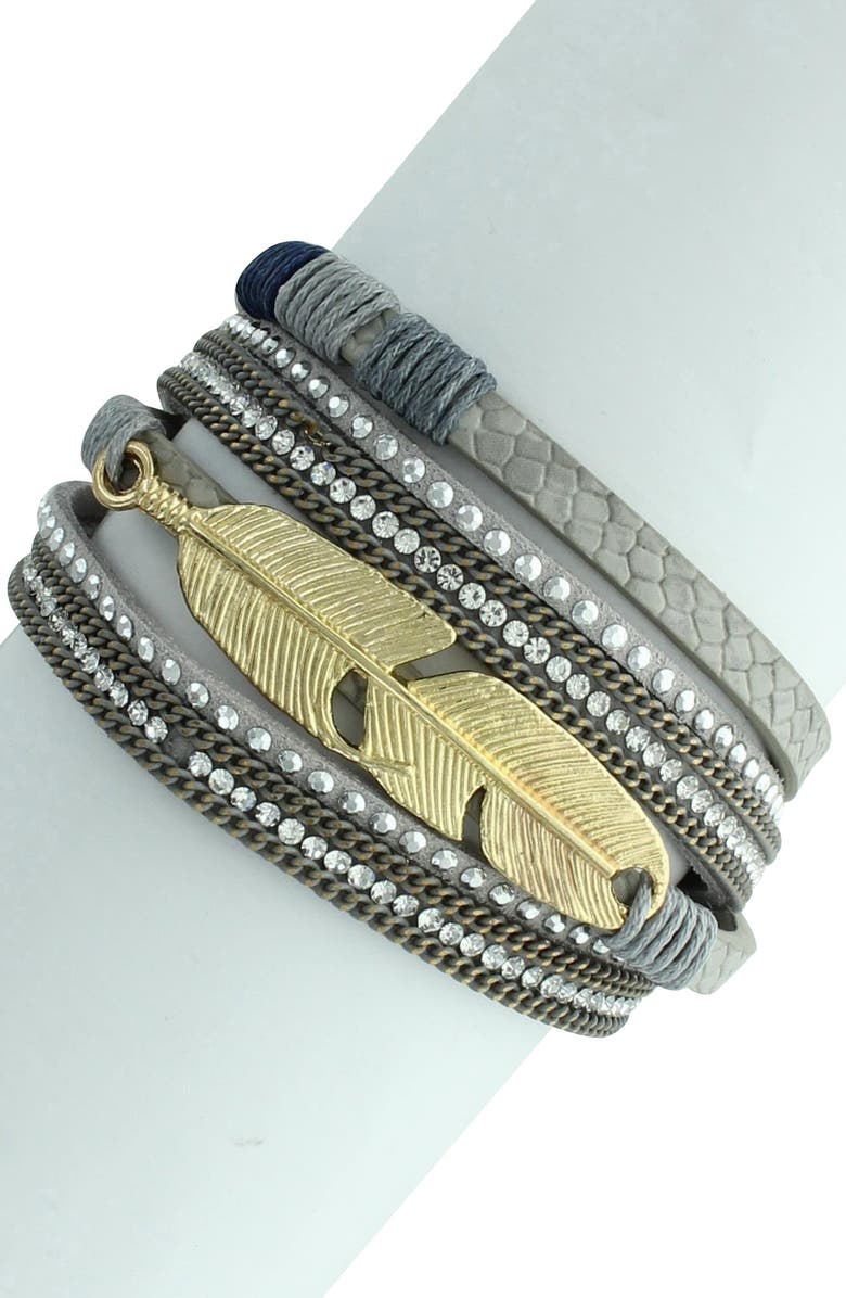 OLIVIA WELLES Edisa Feather Detail Faux Leather Stack Bracelet, Main, color,
