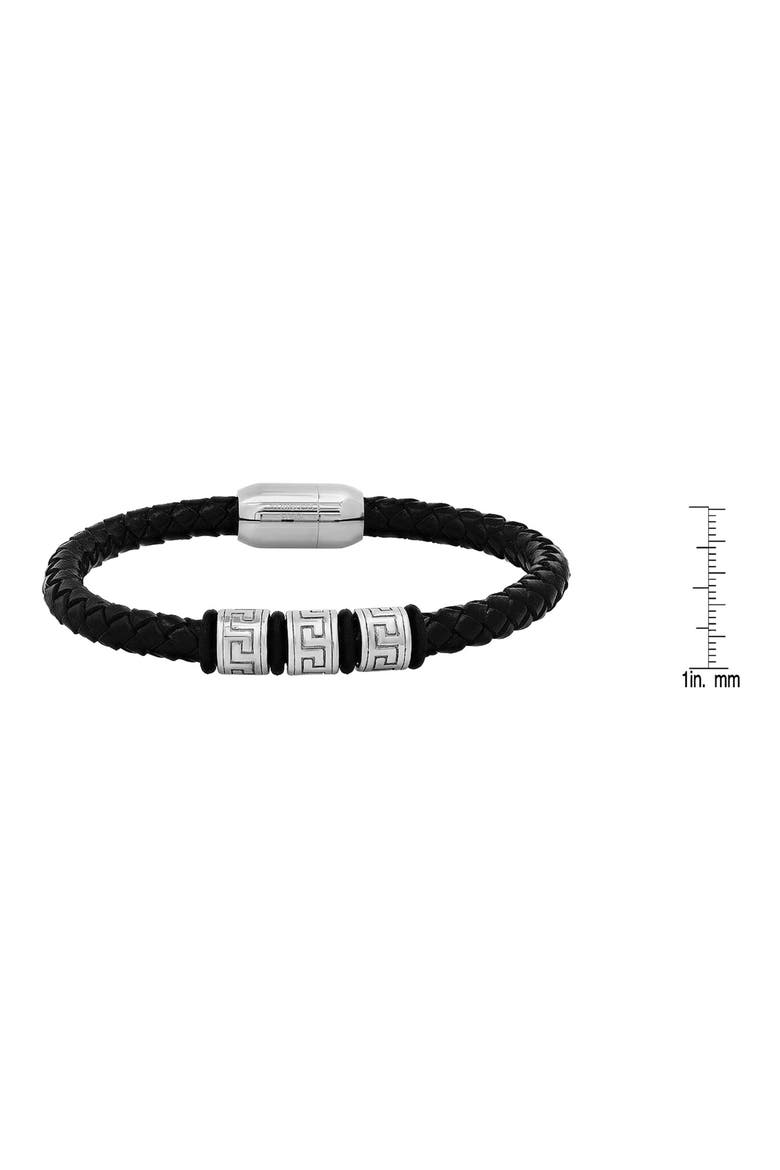 Men's Braided Leather and Stainless Steel Bracelet, Alternate, color, BLACK