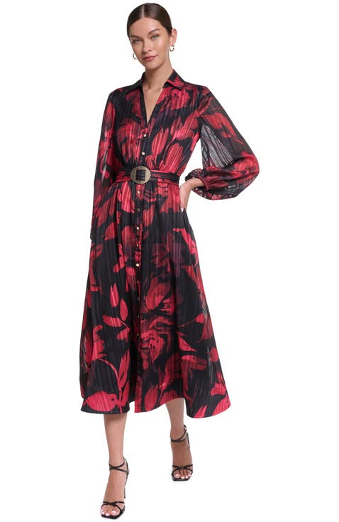 Printed Midi Formal Shirt Dress With Belt