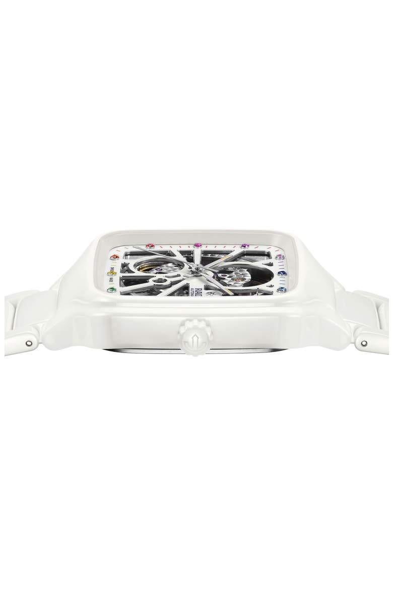 True Square Automatic Open Heart Ceramic Bracelet Watch, 38mm, Alternate, color, WHITE