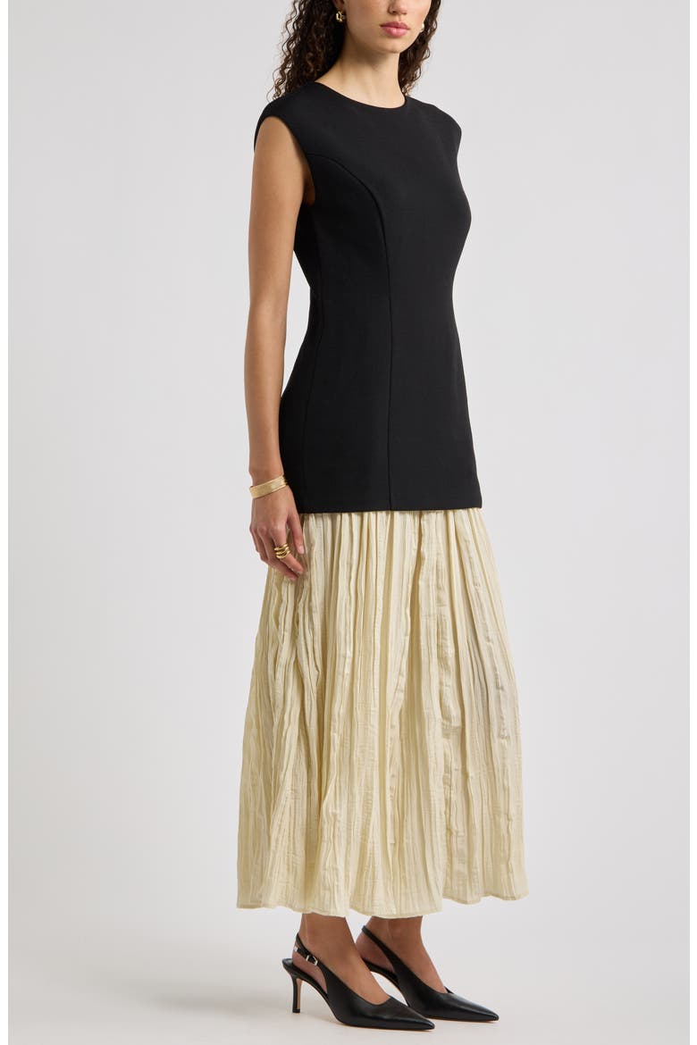 Mixed Media Pleated Dress, Alternate, color, BLACK-BEIGE PORCELAIN
