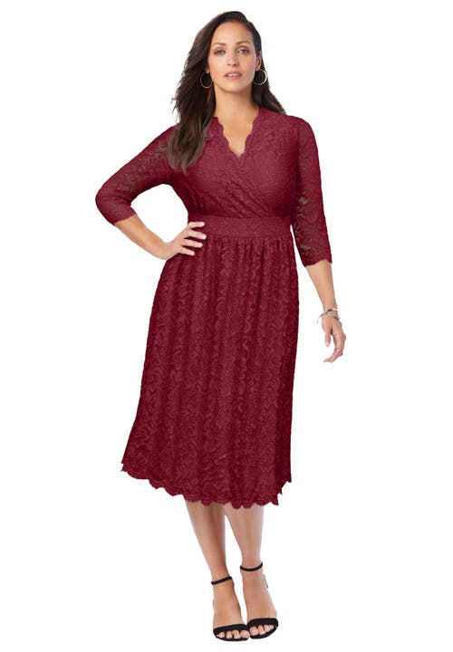 Jessica London Stretch Lace A-line Dress In Burgundy