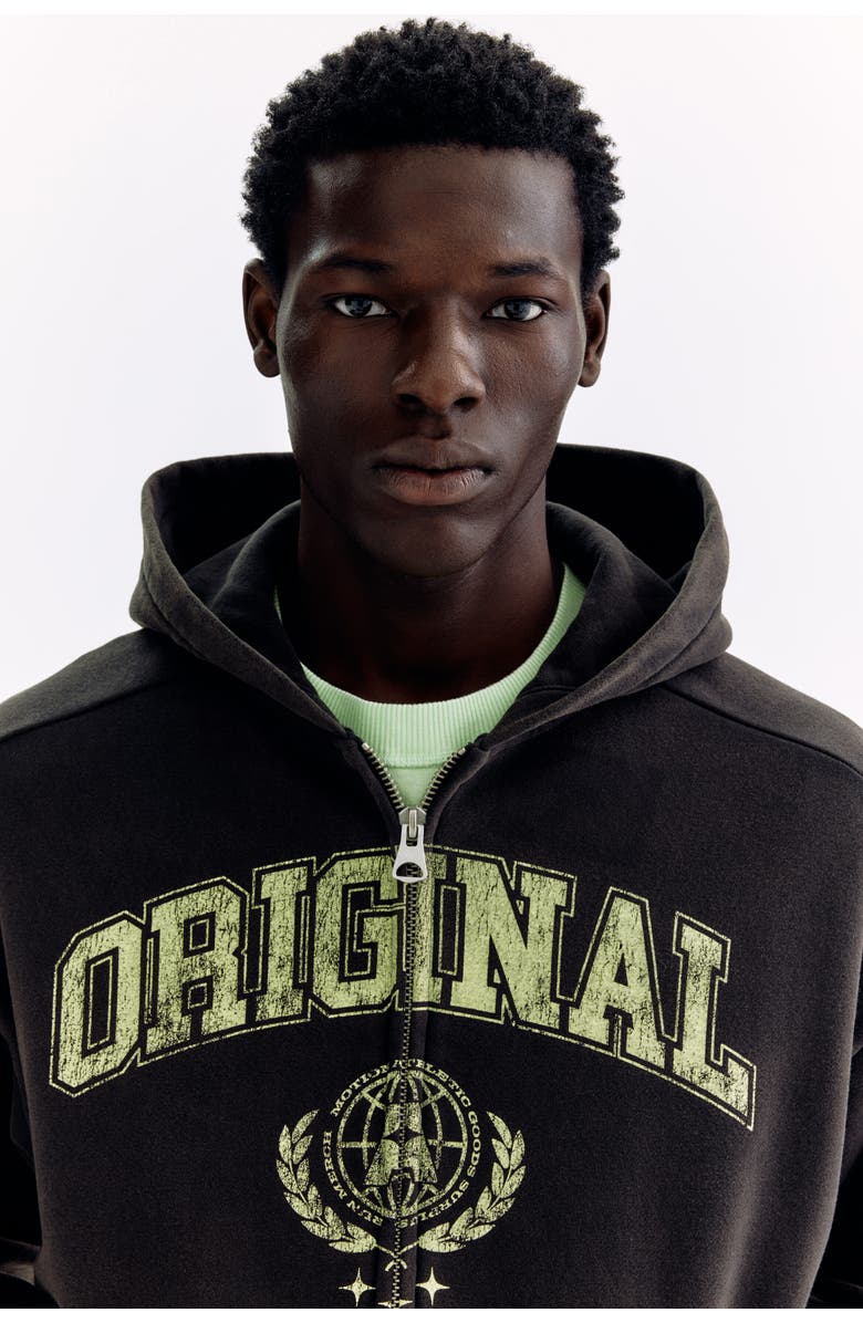 H&M Oversized Fit Printed Zip-through Hoodie, Alternate, color, Black/Original