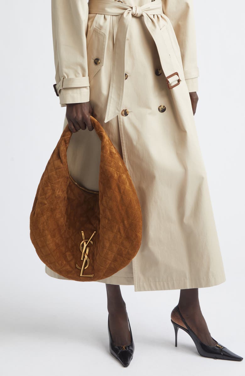 Saint Laurent Icare Quilted Suede Hobo Bag, Alternate, color, Caramel Cognac