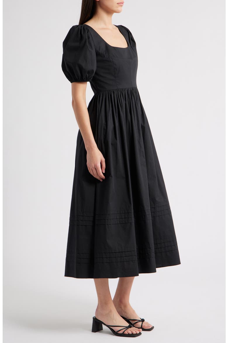Puff Sleeve Cotton Midi Dress, Alternate, color, BLACK