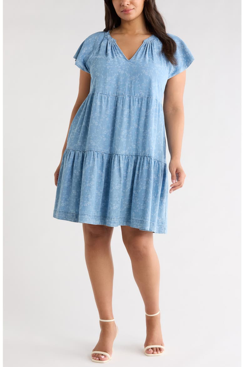 Tiered Floral Flutter Sleeve Denim Dress, Main, color, INDIGO ROSES
