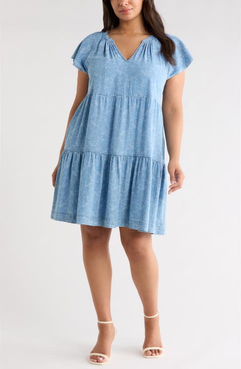 Tiered Floral Flutter Sleeve Denim Dress (Plus)