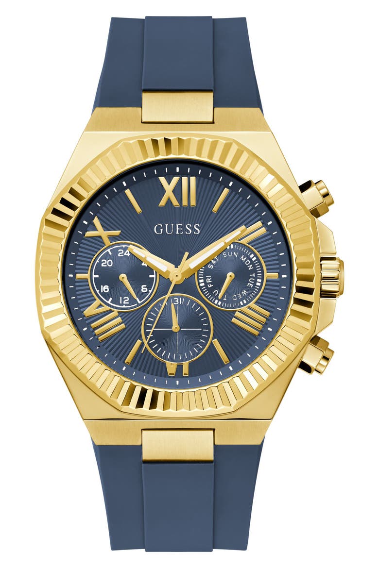 Round Silicone Strap Analog Watch, 44mm, Main, color, GOLD-TONE BLUE