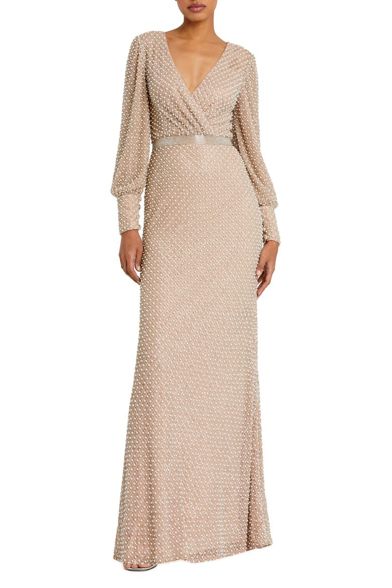 Wrap Over Bishop Sleeve Pearl Beaded Gown, Main, color, IVORY BEIGE