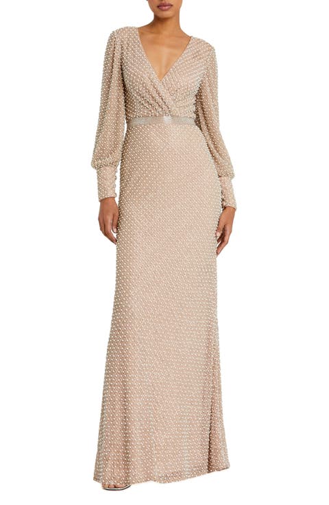 Wrap Over Bishop Sleeve Pearl Beaded Gown