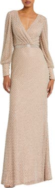 Mac Duggal Wrap Over Bishop Sleeve Pearl Beaded Gown
