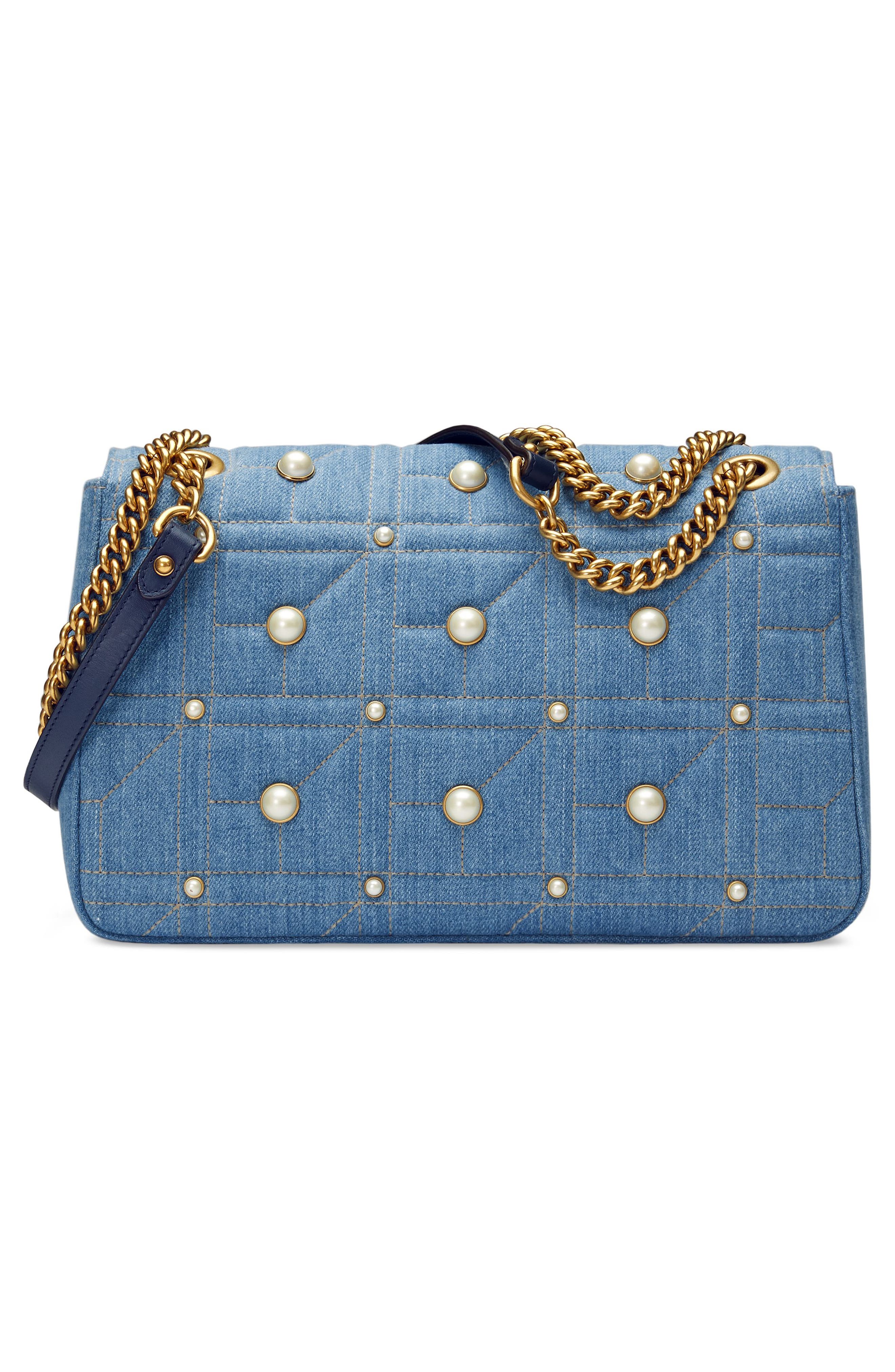 Gucci GG Marmont 2.0 Imitation Pearl Embellished Denim Crossbody Bag, Alternate, color, 