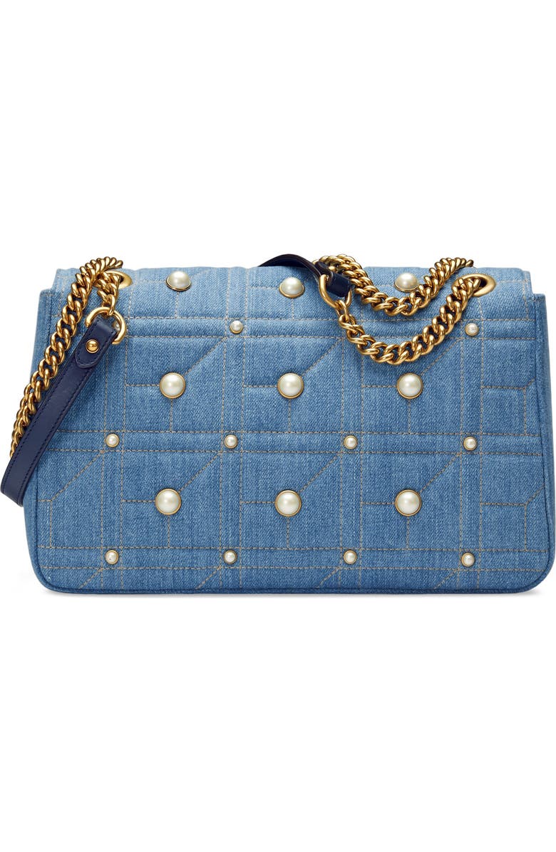 Gucci GG Marmont 2.0 Imitation Pearl Embellished Denim Crossbody Bag, Alternate, color,