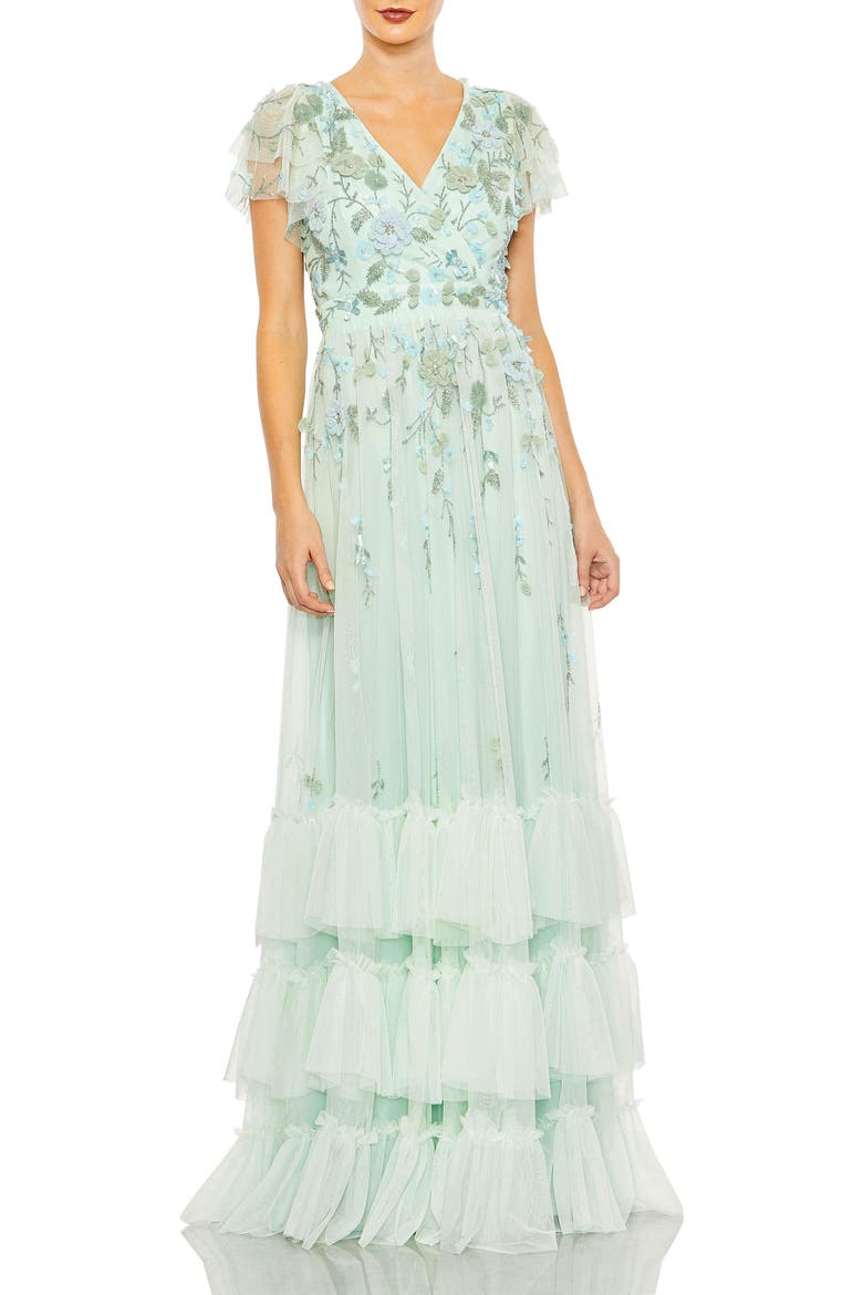 Ruffle Tiered Embellished Faux Wrap Flutter Sleeve Gown, Main, color, Seafoam