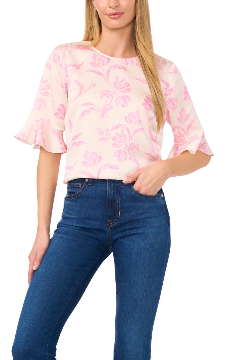 CeCe Floral Ruffle Cuff Top, Main, color, 