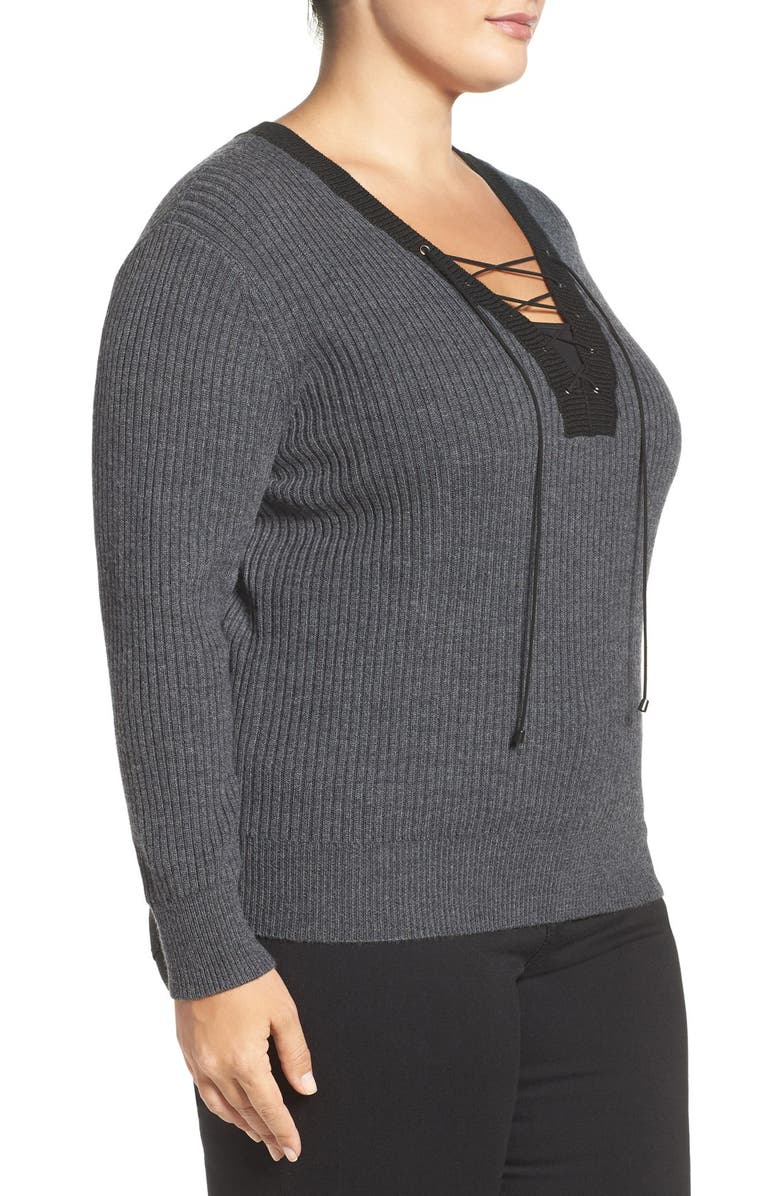 Tart Amity Merino Wool Lace-Up Sweater, Alternate, color, Shark/ Black