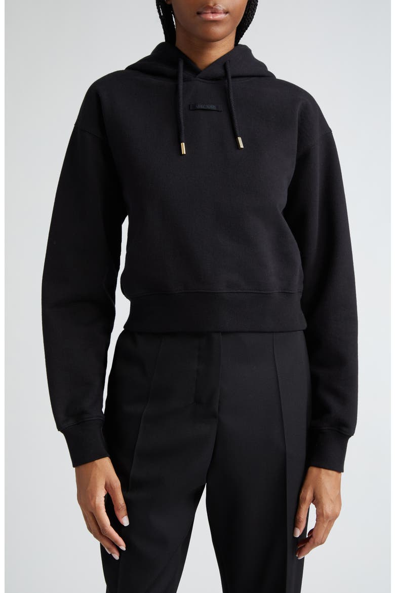 Le Grosgrain Logo Cotton Fleece Crop Hoodie, Main, color, BLACK