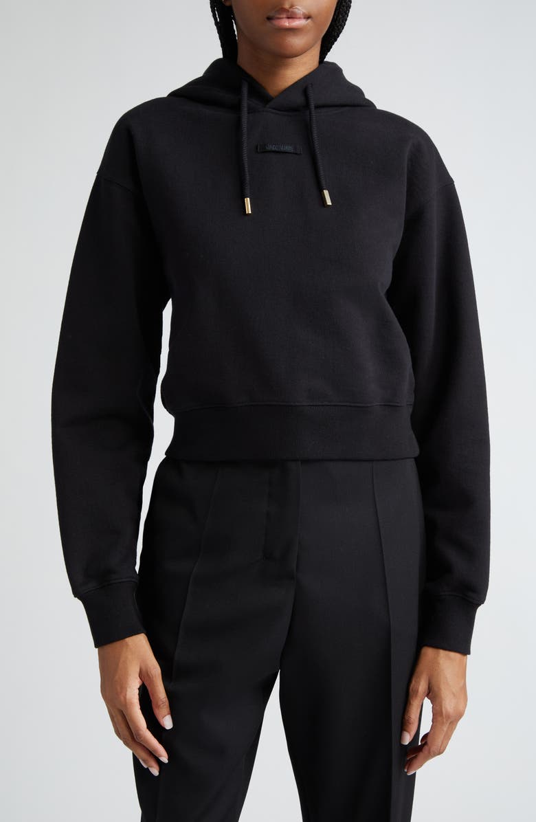 Jacquemus Le Grosgrain Logo Cotton Fleece Crop Hoodie, Main, color, 