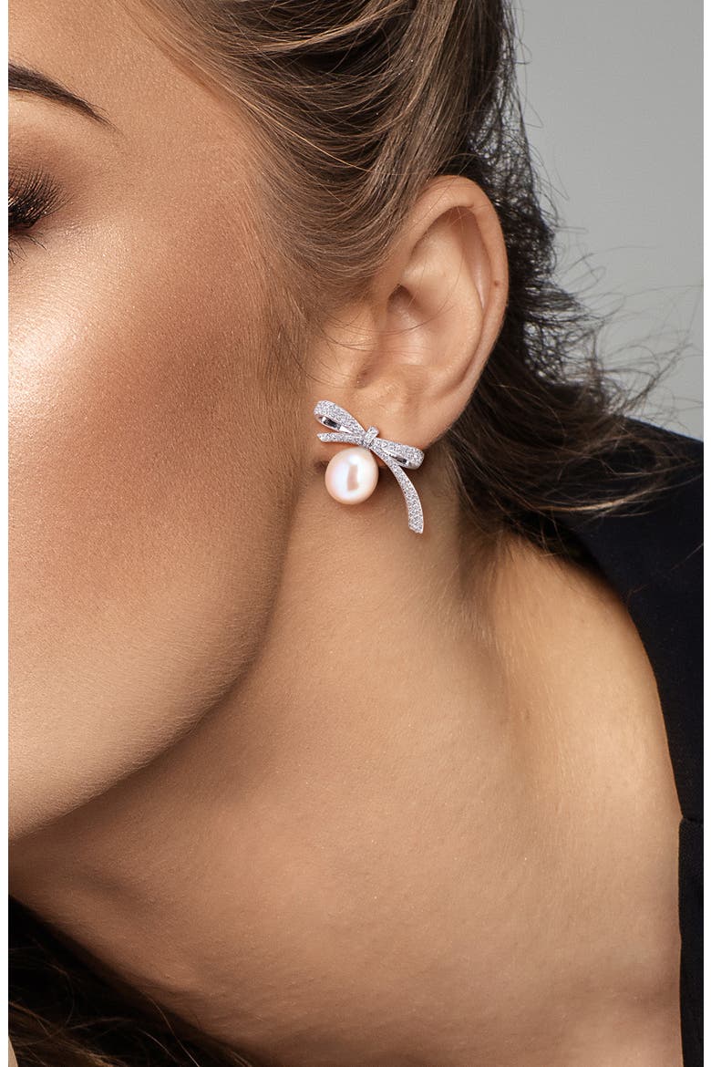 Lab Created White Sapphire & Cultured Freshwater Pearl Bow Earrings, Alternate, color, WHITE GOLD