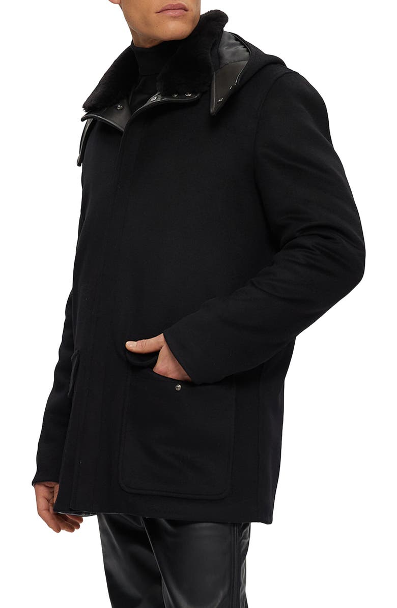 GORSKI Mens Wool Parka with Leather Trim And Detachable Hood And Genuine Shearling Collar, Alternate, color, Black/Black