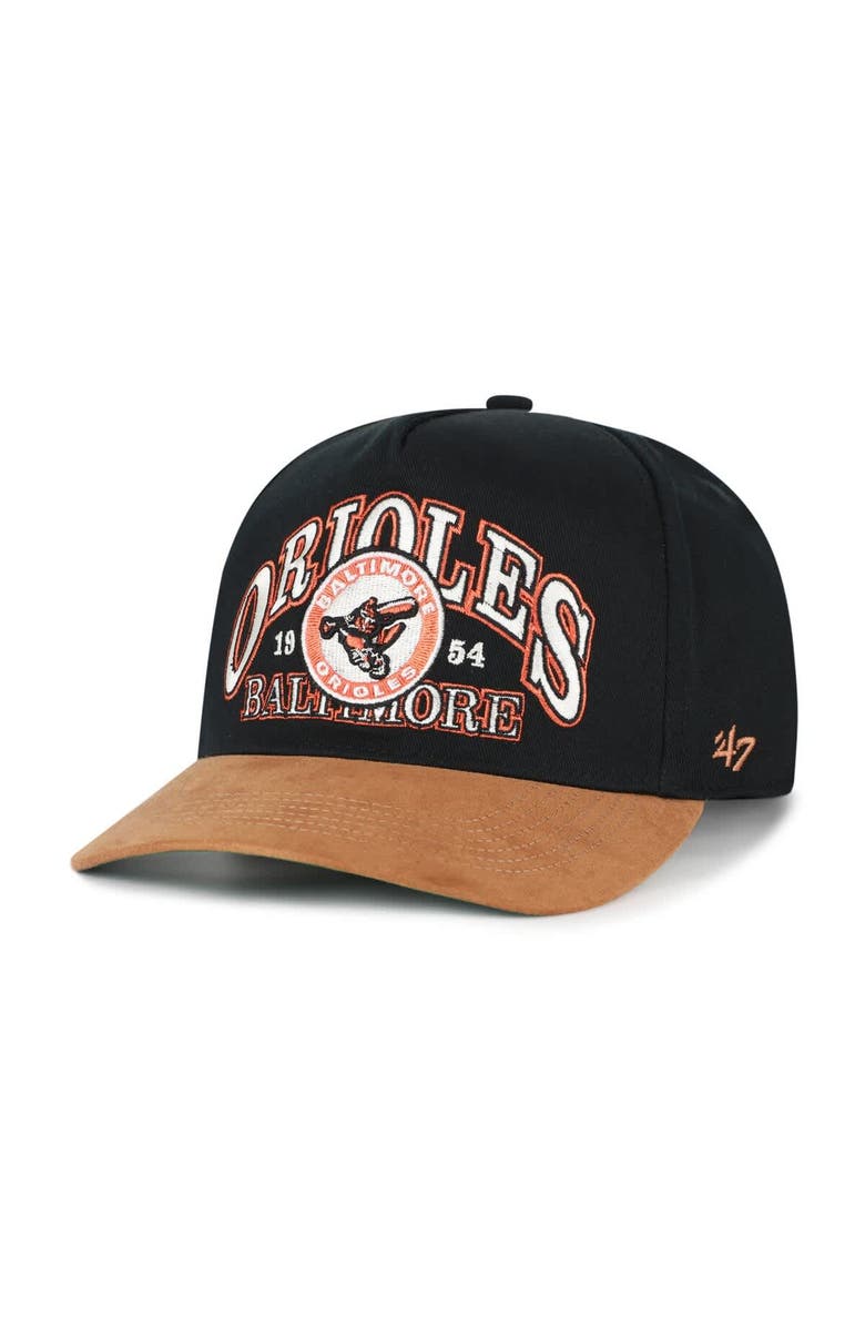'47 Men's '47 Black/Brown Baltimore Orioles Cooperstown Break Wood Suede Hitch Adjustable Hat, Main, color, Black
