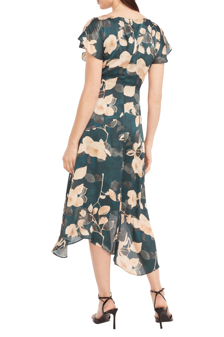 Floral Cap Sleeve Asymmetric Midi Dress, Alternate, color, TEAL/ GOLD