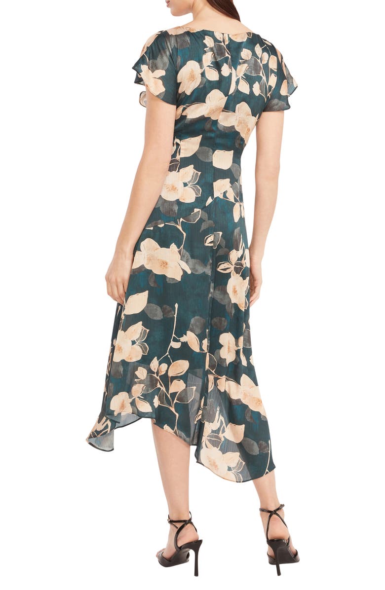 Maggy London Floral Cap Sleeve Asymmetric Midi Dress, Alternate, color, Teal/ Gold