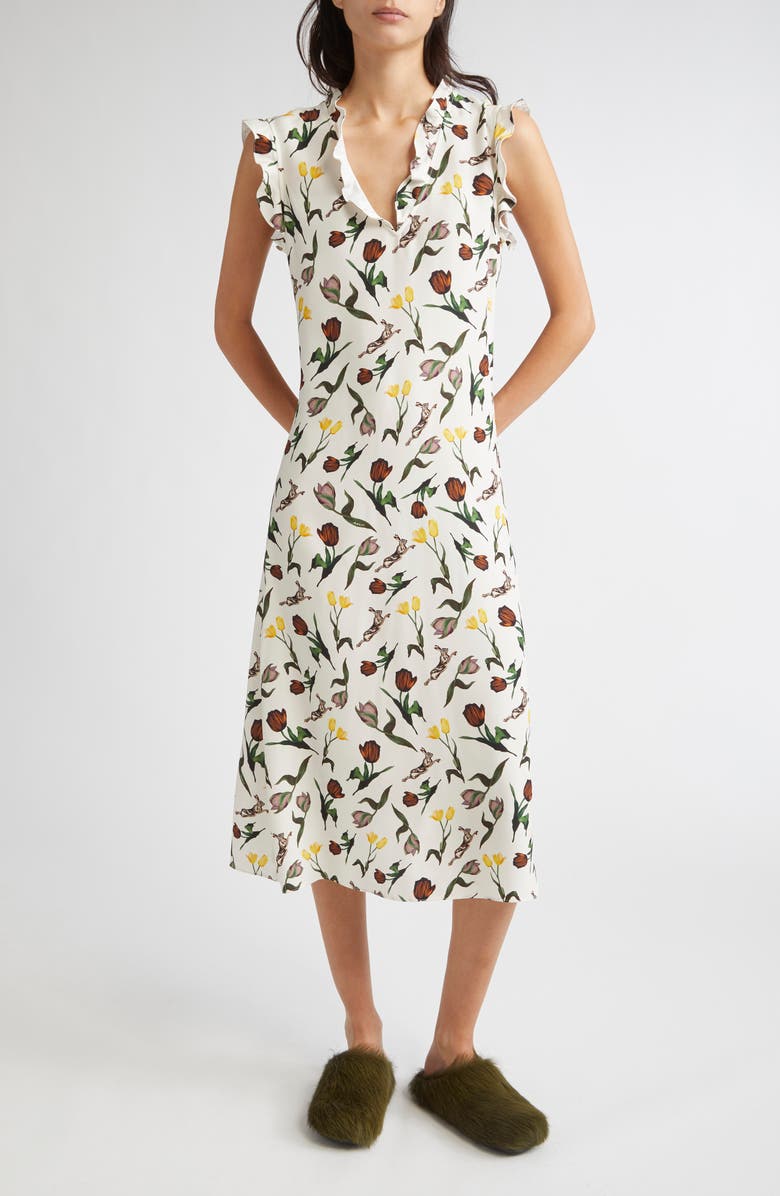 Marni Tulips & Hares Ruffle Satin Midi Dress, Main, color, Limestone