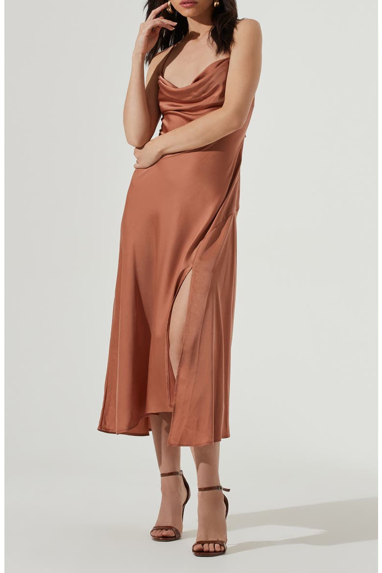 Gaia Cowl Neck Satin Dress, Alternate, color, NUDE