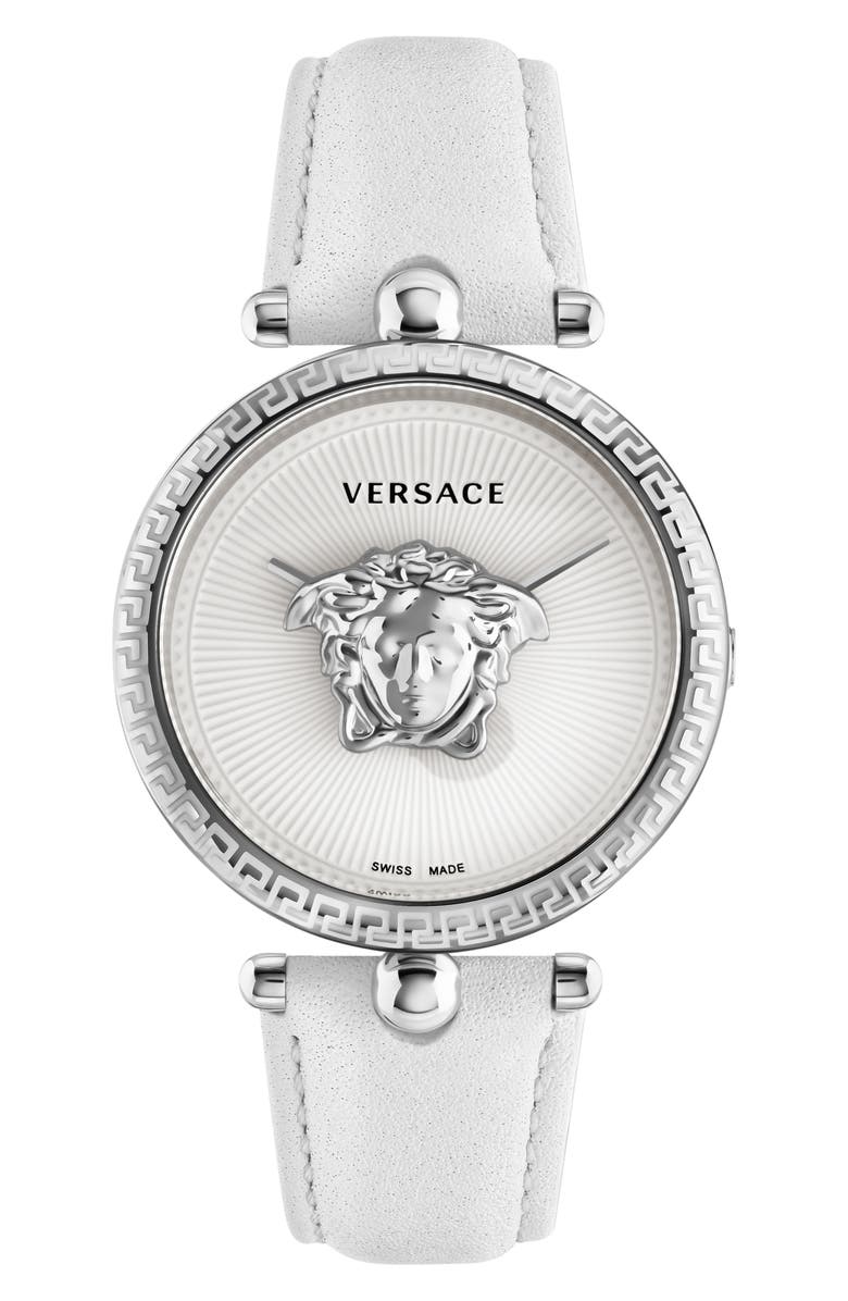 Versace Palazzo Empire Leather Strap Watch, 39mm, Main, color, Stainless Steel