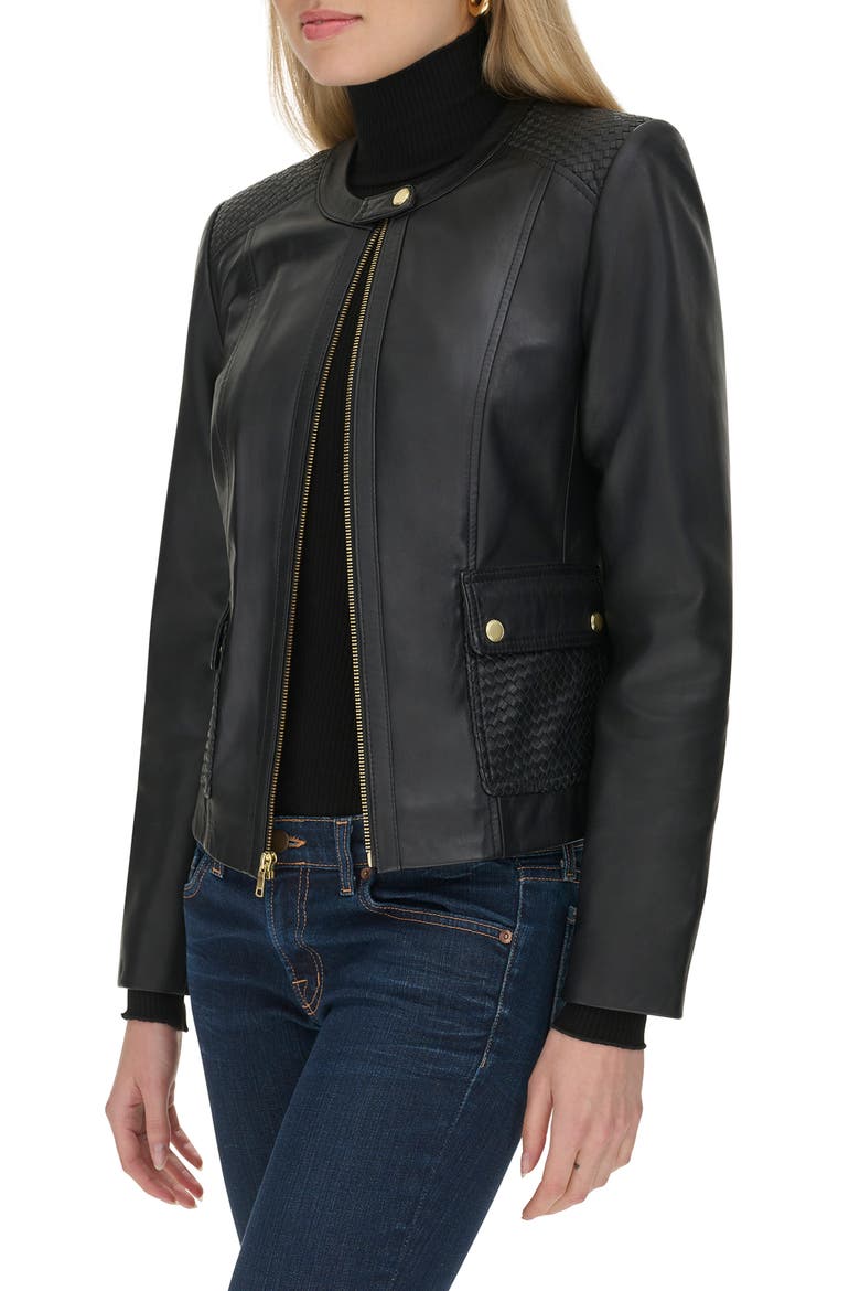 Woven Detail Leather Jacket, Alternate, color, BLACK