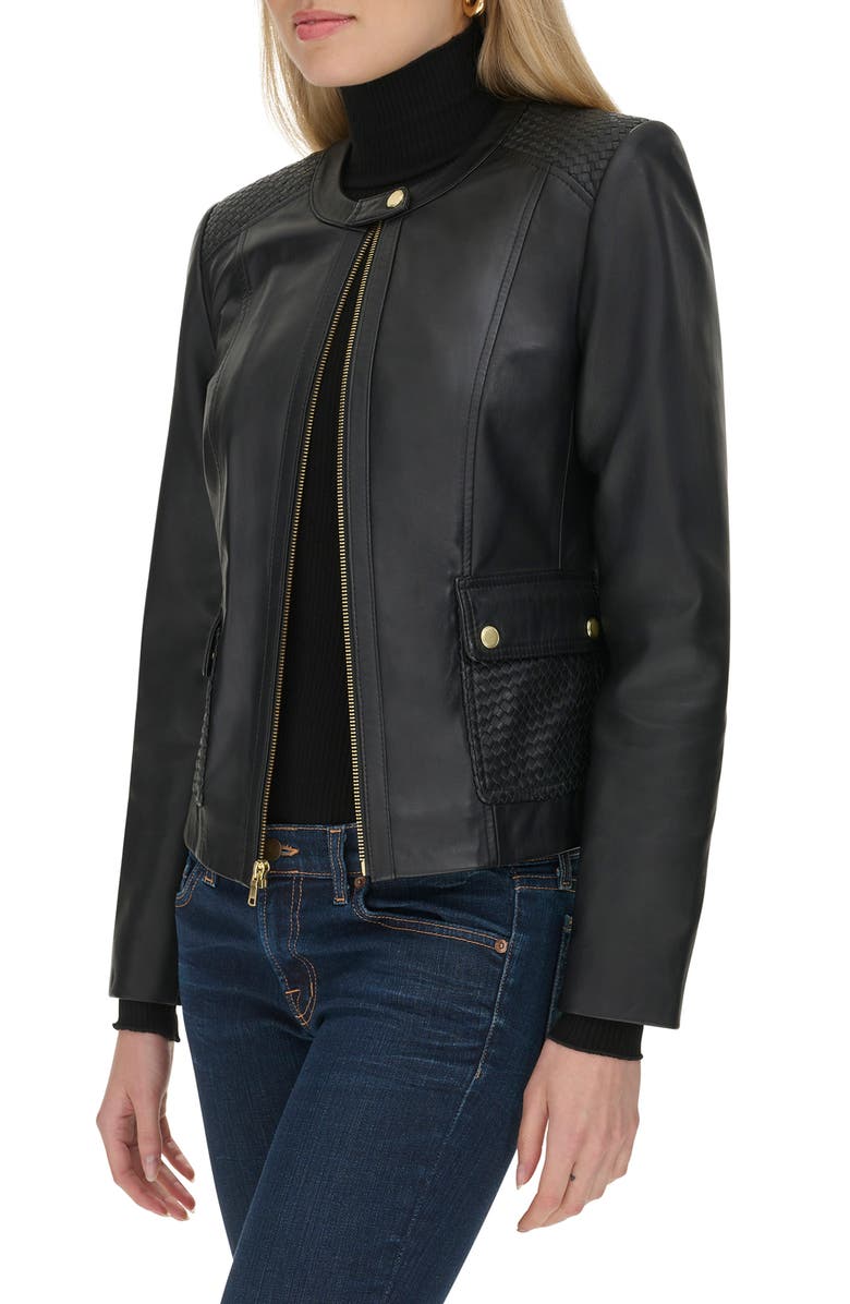 Cole Haan Woven Detail Leather Jacket, Alternate, color, Black