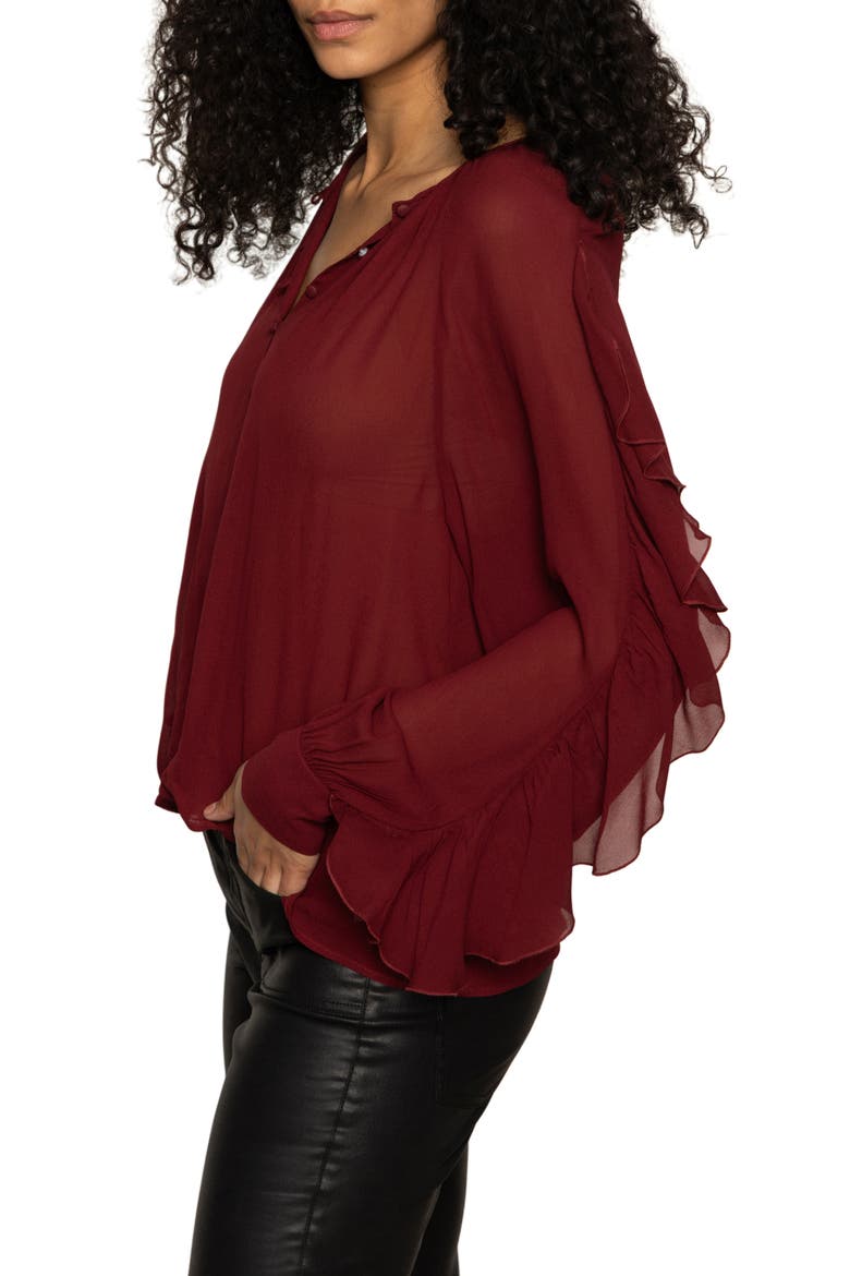 Harmony Ruffle Sleeve Button-Up Shirt, Alternate, color, CRIMSON RED