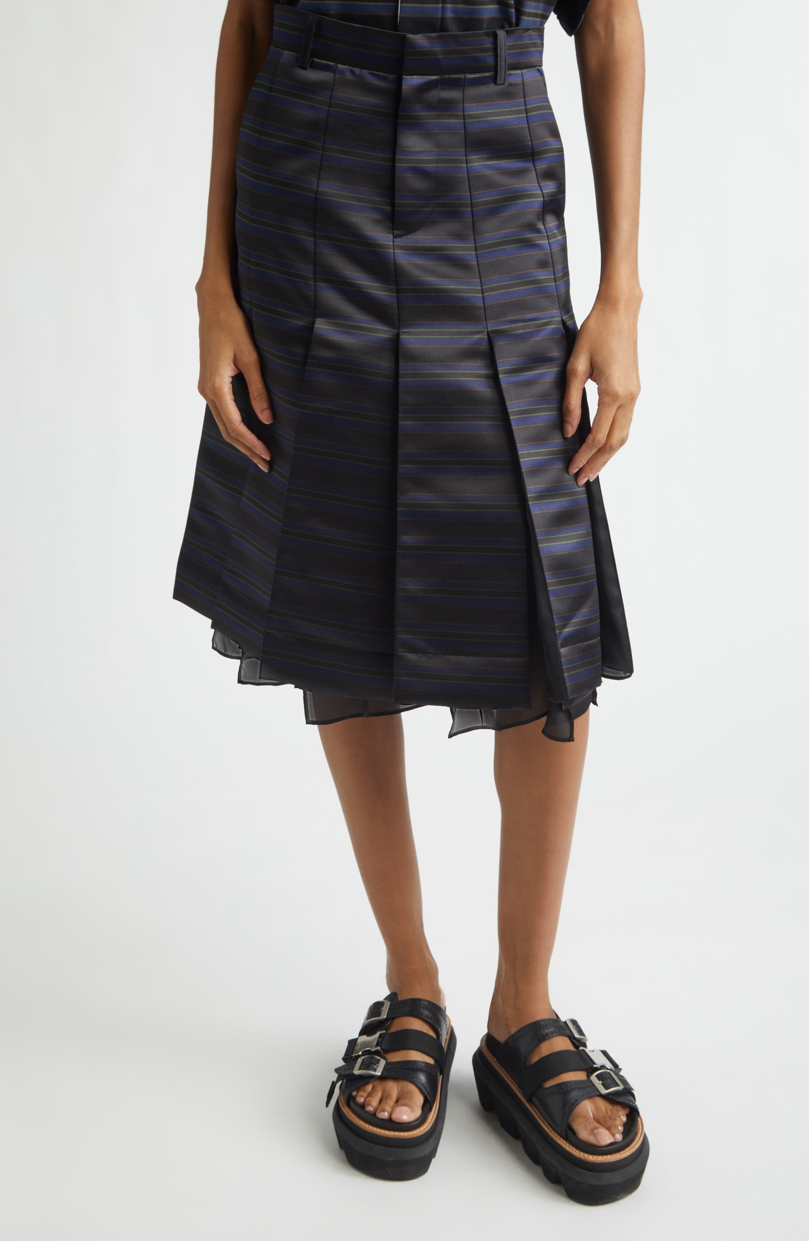 Sacai Pleated Horizontal Stripe Skirt (Women) | Nordstrom
