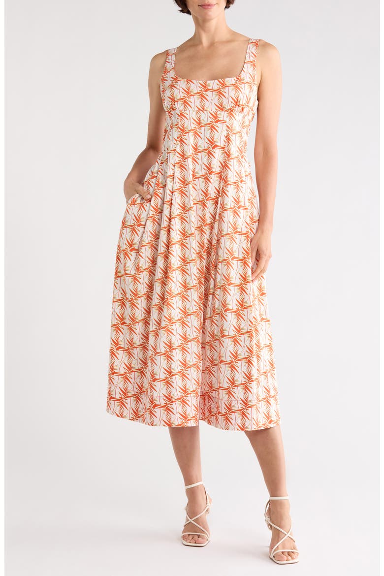 Thalia Tie Waist Stretch Cotton Dress, Main, color, PALM GEO ORANGE