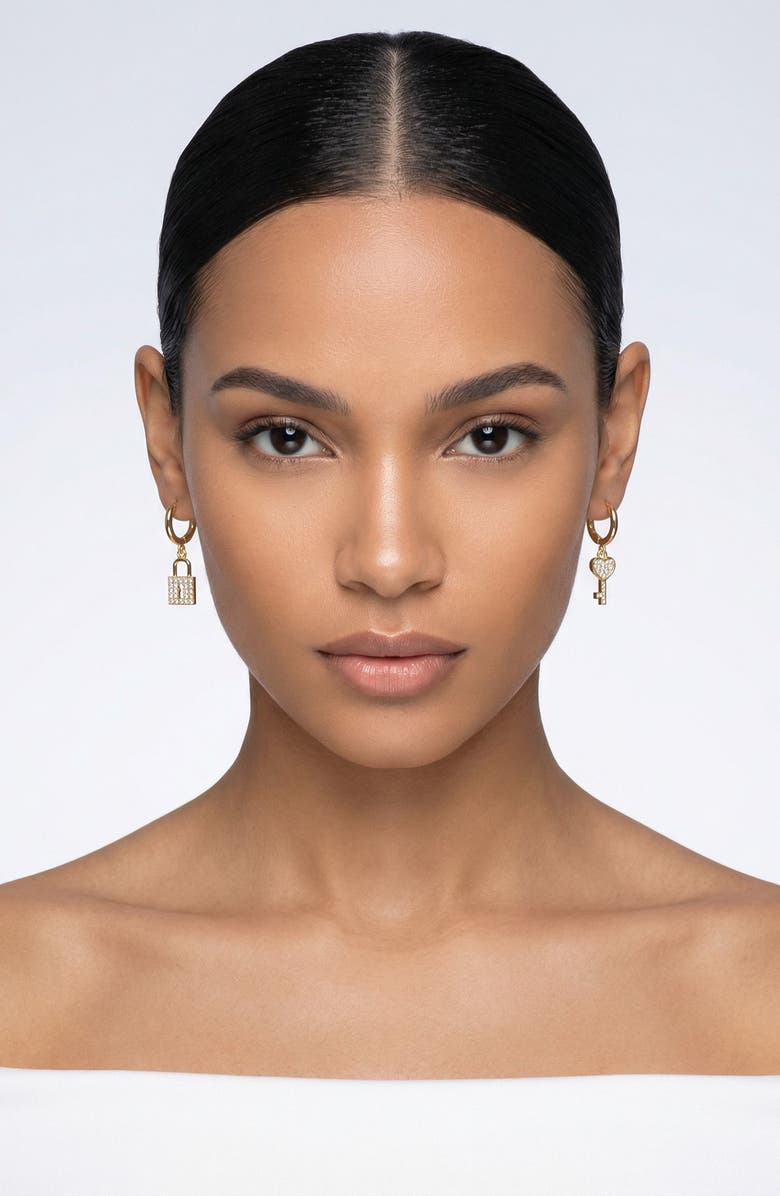 EYE CANDY LOS ANGELES Ella Key & Lock Drop Huggie Hoop Earrings, Alternate, color, Gold