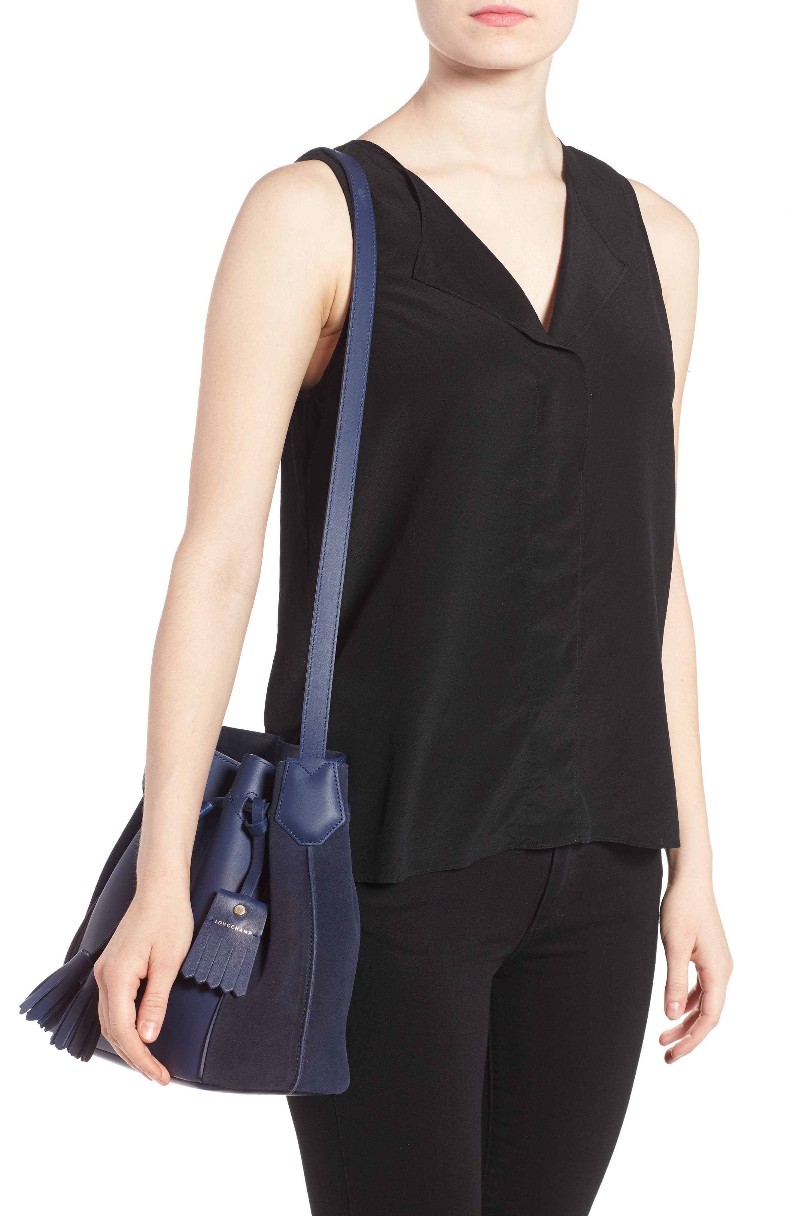Penelope Fantasie Leather Bucket Bag, Alternate, color, BLUE
