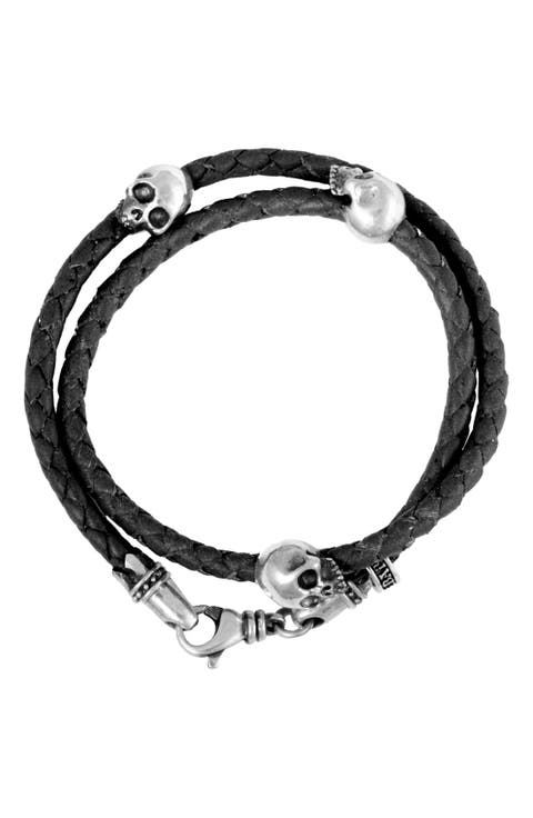 Thin Braided Black Leather with Hamlet Skulls Double Wrap Bracelet