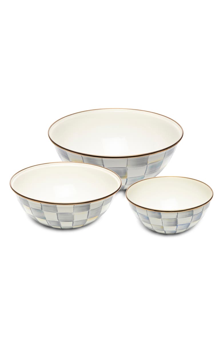 MACKENZIE CHILDS Sterling Check Enameled Set of 3 Mixing Bowls, Main, color, Grey/ White