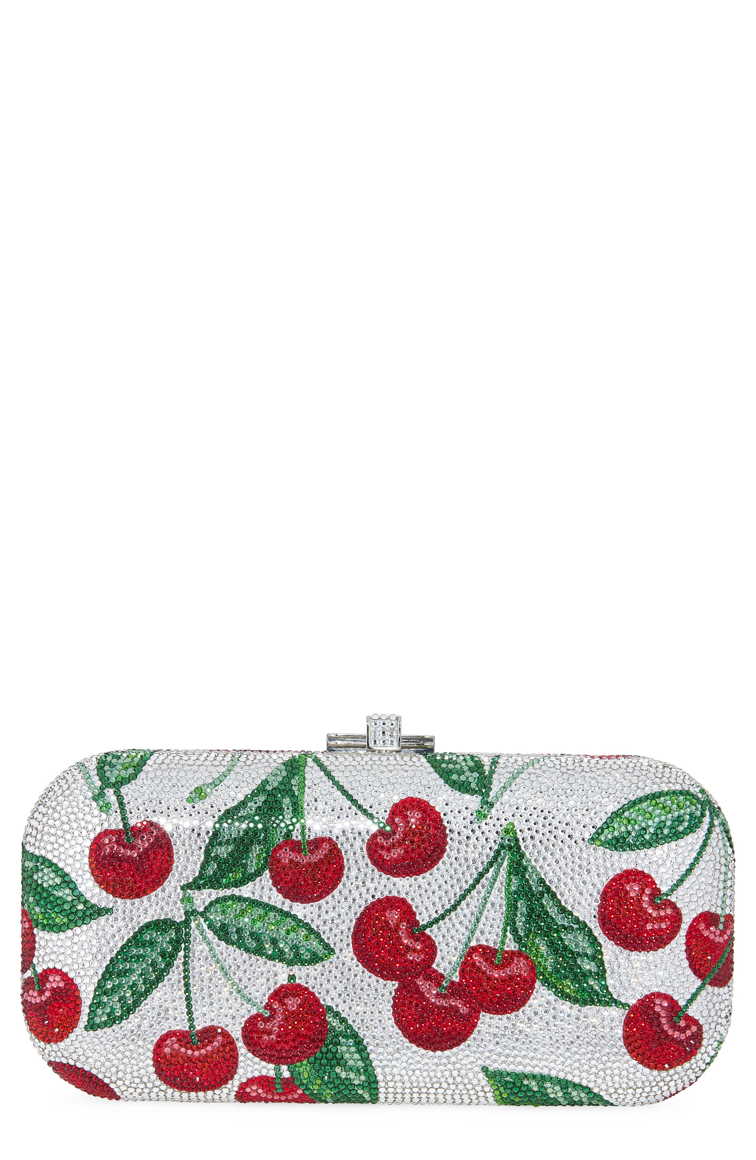 JUDITH LEIBER COUTURE Bing Cherries Long Slide Crystal Clutch, Main, color, Silver Rhine Multi