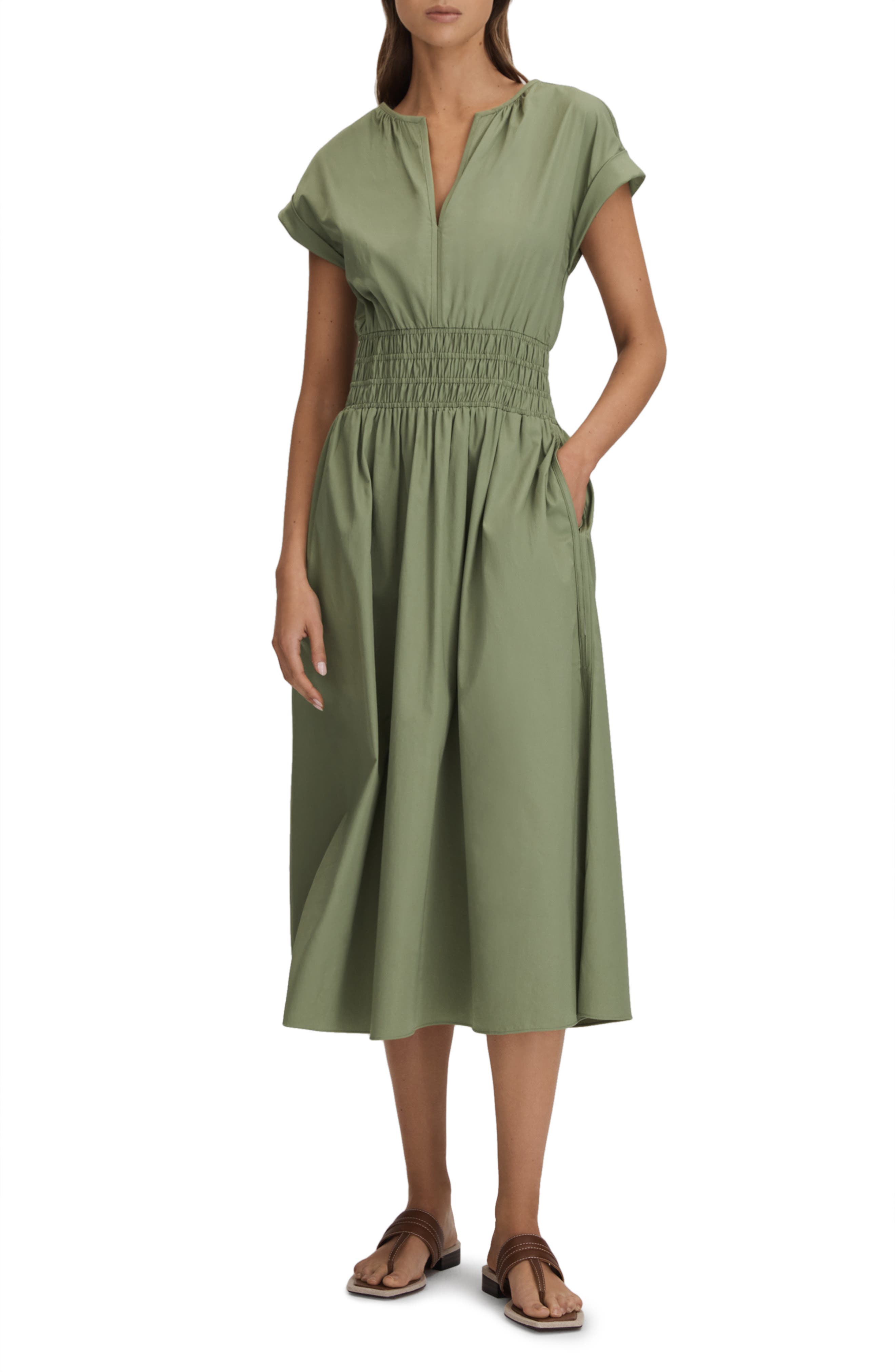 Lena Shirred Waist Cotton Midi Dress