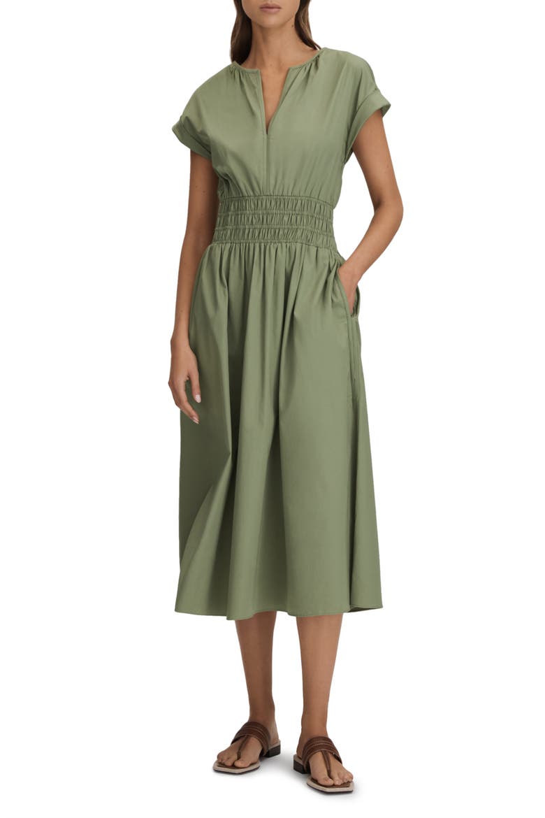 Lena Shirred Waist Cotton Midi Dress, Main, color, GREEN