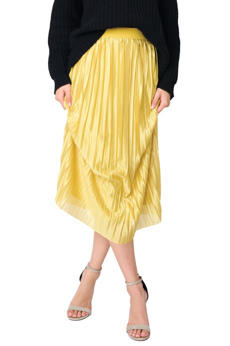 Pleated Satin Midi A-Line Skirt, Main, color, GOLD
