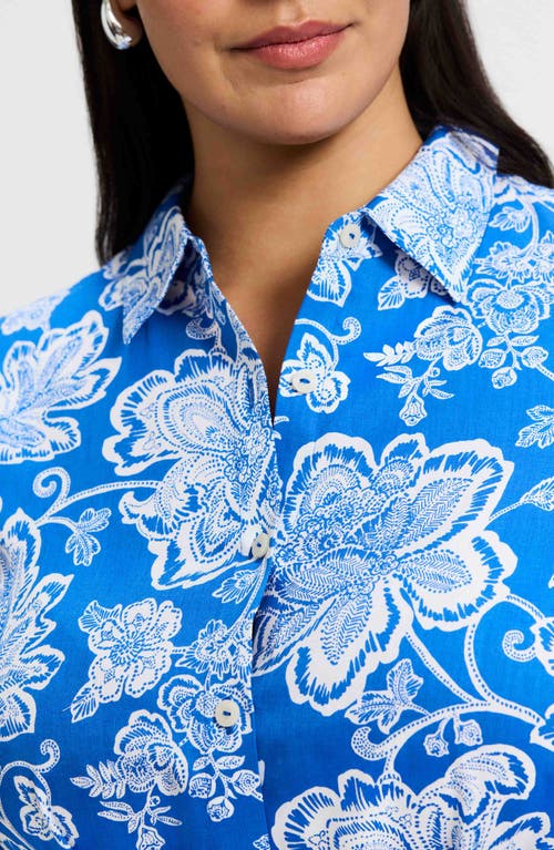Foxcroft Rocca Floral Print Belted Shirtdress In Cobalt Blue/white