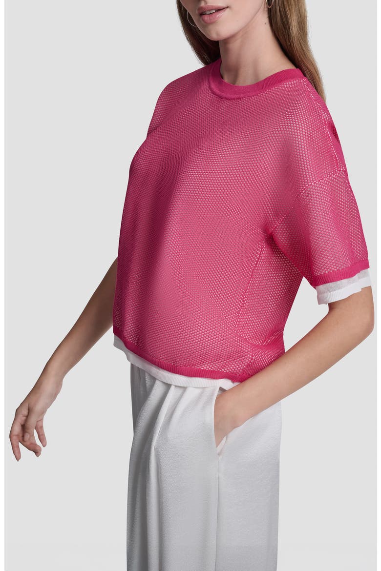 Boxy Mesh Overlay Top, Alternate, color, HOT PINK/IVORY
