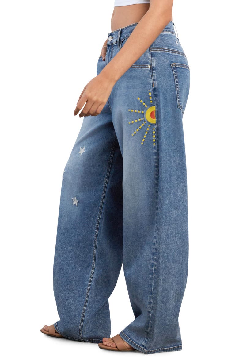 Hello Sunshine Star Embroidered High Waist Wide Leg Jeans, Alternate, color, SUN BLUE