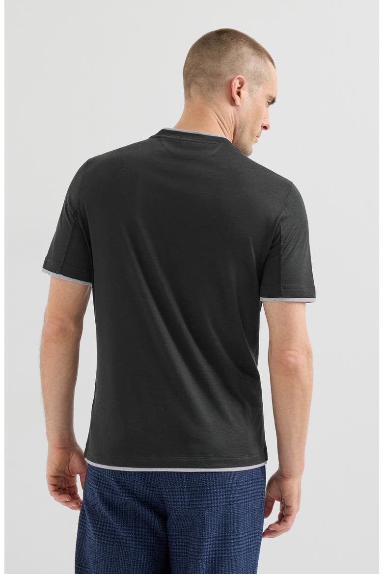Silk and cotton lightweight jersey crew neck T-shirt with faux-layering, Alternate, color, Black
