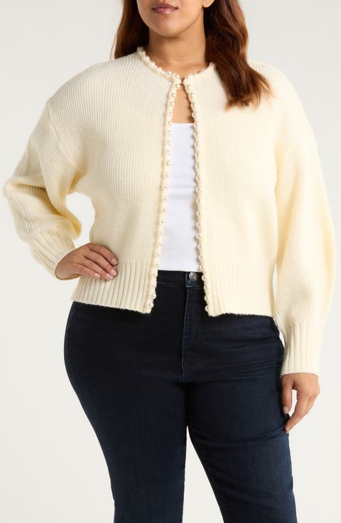 Faux Pearl Trim Cardigan (Plus)