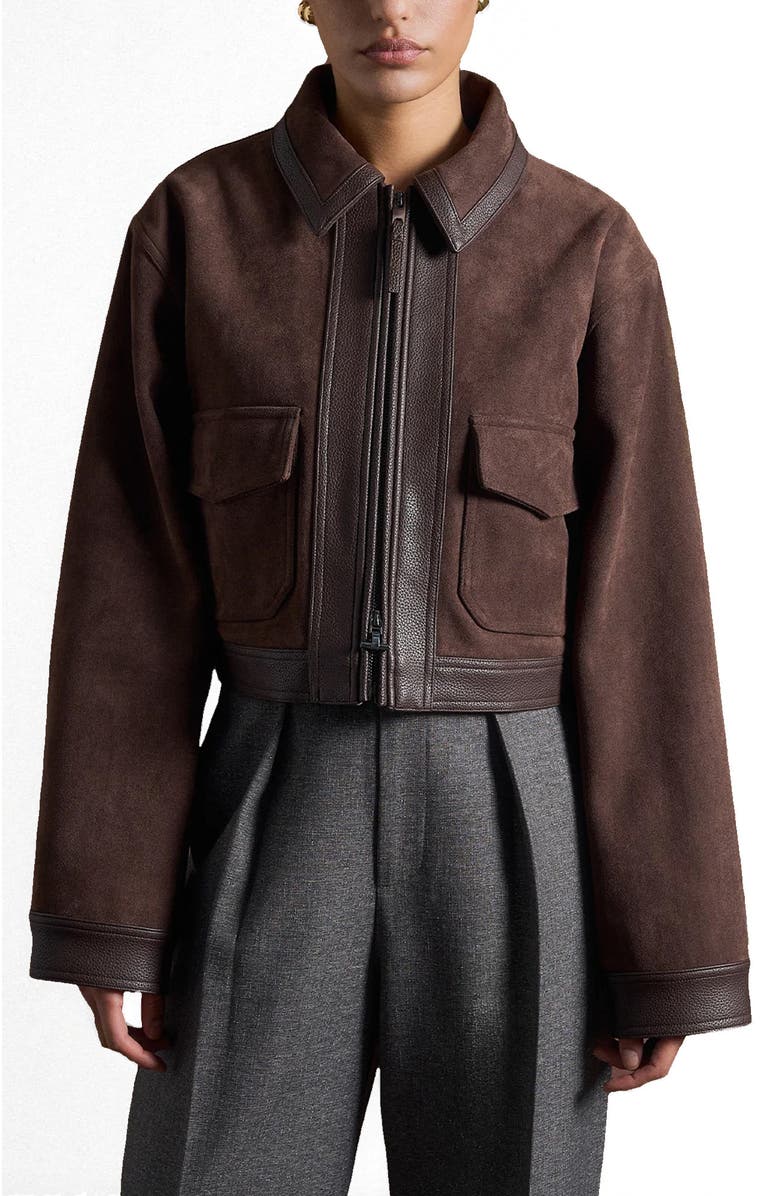 Manière De Voir Denise Suede & Pebbled Leather Jacket, Main, color, Brown